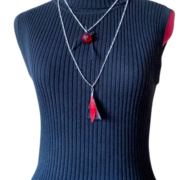 CREATION - OPERA long necklace - Red & black Feather Ribbon Clear beads - Picture 2 of 7